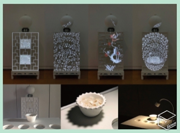 Media 螺鈿 (나전, Mother-of-pearl)<br>
2020, Interactive projection mapping installation, Mother-of-pearl, Antique furniture, Moon Jar, Motion artwork, Sensor, Interactive programming(60cm*140cm*30cm)<br>
