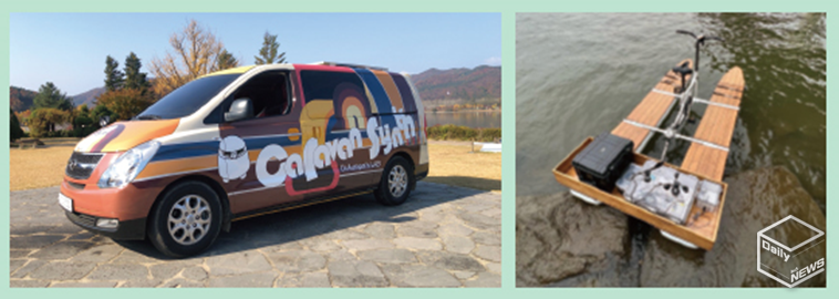 (왼쪽) Caravan Synth, 2022, 스타렉스개조, 이동식 자연 신시사이저 <br>
(오른쪽) Caravan Synth Sensing Boat 2023, 30×50cm, Wood, Steel, Arduino, Environmental sensor, Gear