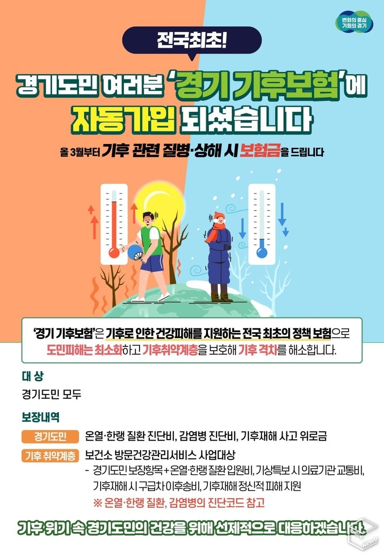 경기도민이면 3월부터 기후관련 질병, 상해시 '경기기후보험'에서 보험금을 받을 수 있다. 