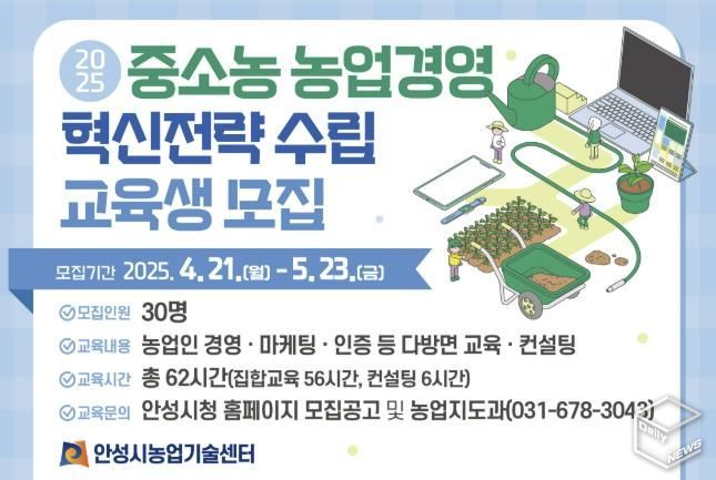 안성시농업기술센터(소장 이상인)는 오는 4월 21일부터 5월 23일까지 ‘2025년 중소농 농업경영 혁신전략 교육’ 교육생을 모집한다고 밝혔다.