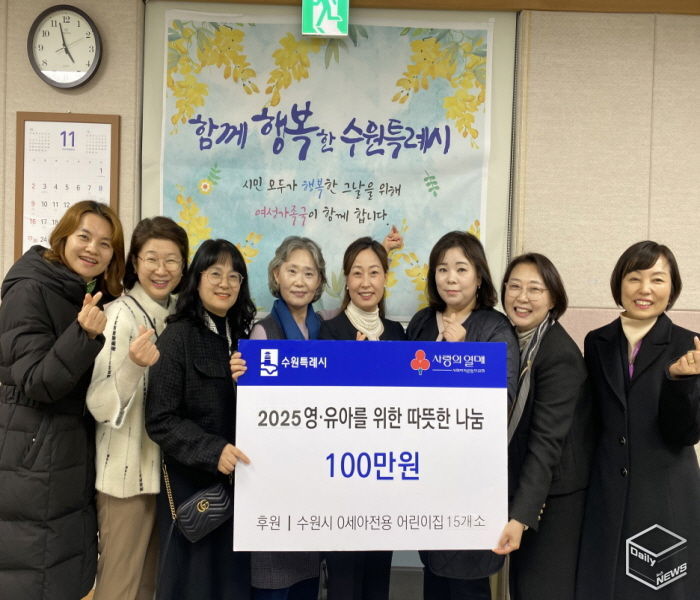 수원특례시 관계자와 수원시0세아전용어린이집 연합회 관계자들이 후원금 전달 후 기념사진을 촬영하고 있다.