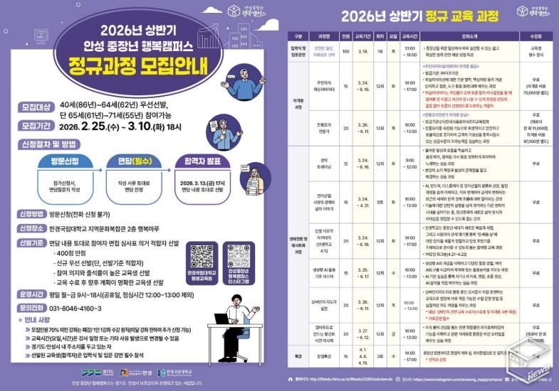 안성 중장년 행복캠퍼스, 2026년 정규교육과정 수강생 모집