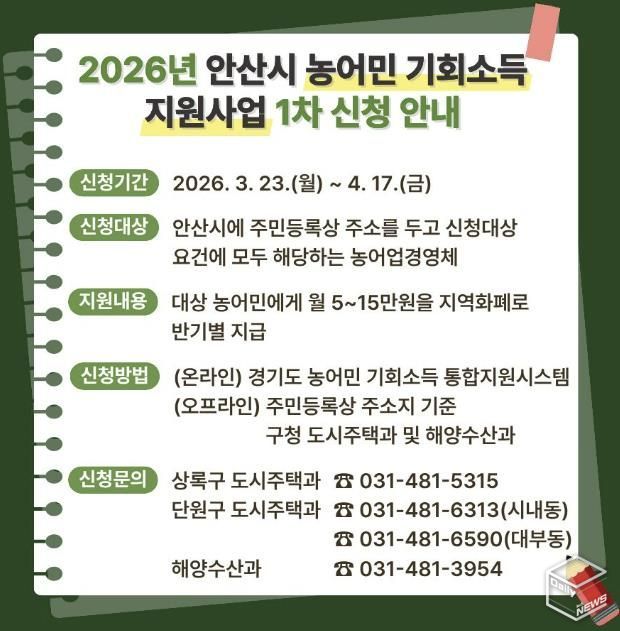 '2026 안산시 농어민 기회소득 지원사업' 디지털 홍보자료.
